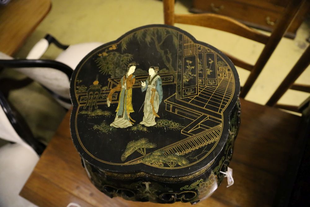 A Chinese black-lacquered and painted jardiniere stand, width 42cm, height 46cm